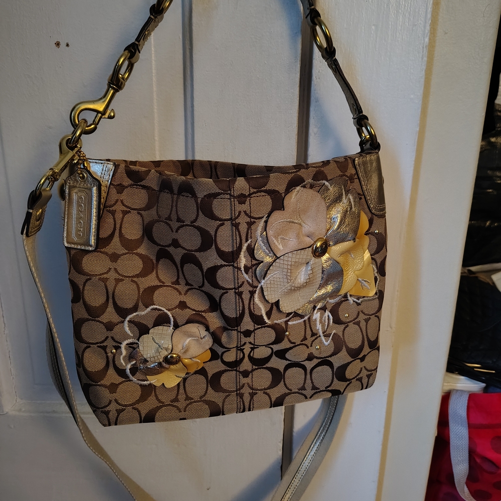 Coach Brown Signature Jacquard Shoulder Bag with Gold Floral Appliqué